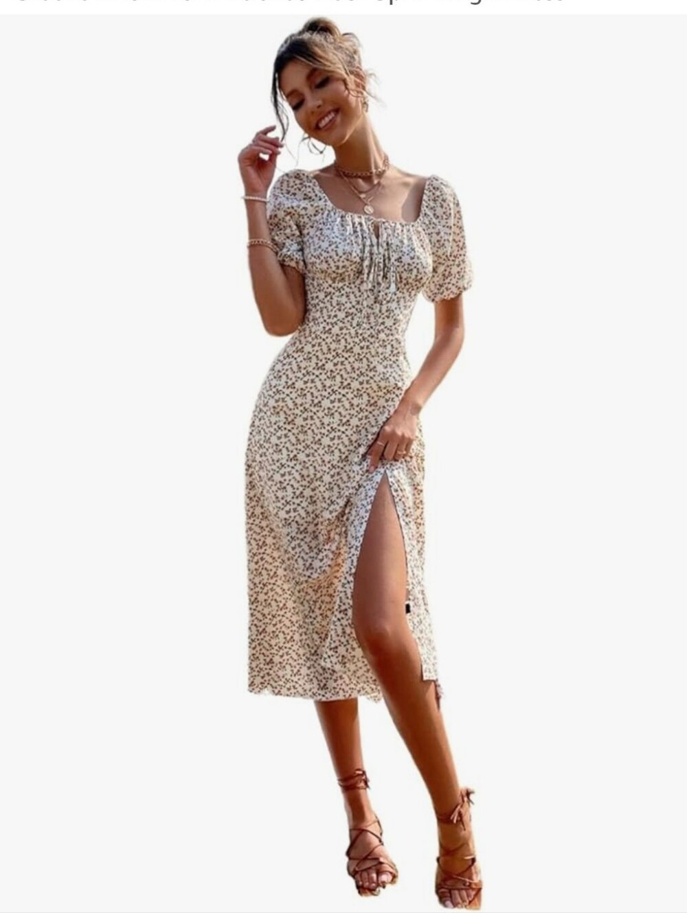 Ditsy Floral Puff Sleeve Midi Coquette Milkmaid Dress Knot Front Thigh Split L